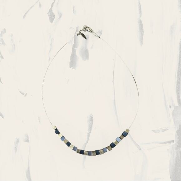 Express Jewelry - Express‎ Silver Toned Blue & Gray Square Beaded Necklace Lobster Claw Closure